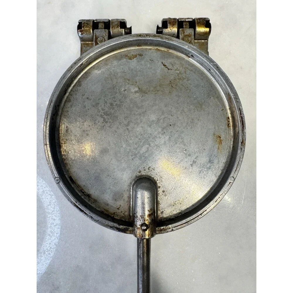 Vintage Cast Aluminum Cookie Press Mold Waffle with Iron and Wood Handle